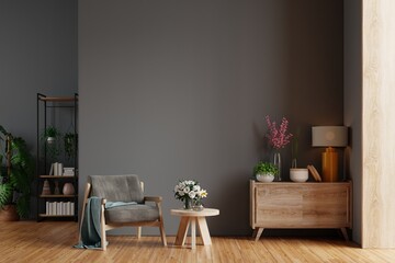 Modern living room with armchair,table,flower and plant on black wall background.