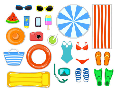 Beach Accessories top flat lay view  vector illustration. Striped towel, umbrella,, flippers, float ring, snorkeling mask, beach bag, sunglasses, sun cream, hat, inflatable mattress 