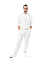 Fototapeta premium Handsome man wearing blank white clothes on white background