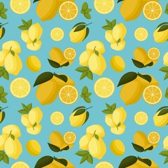 Seamless pattern of lemons on light blue background