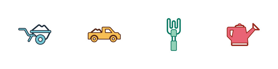 Set Wheelbarrow with dirt, Pickup truck, Garden rake and Watering can icon. Vector
