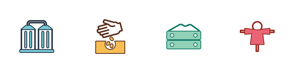 Set Granary, Seeds, Bag of flour and Scarecrow icon. Vector
