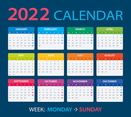 2022 Calendar - vector illustration, Week starts on Monday