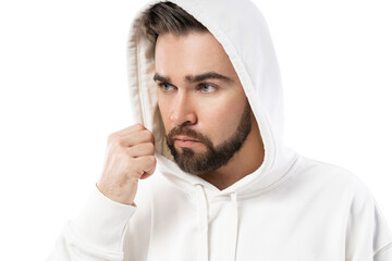 Handsome man wearing  white hoodie on white background
