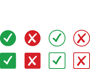 Green tick symbol and red cross sign in circle. Green tick symbol and red cross sign in box. check and uncheck icon set.