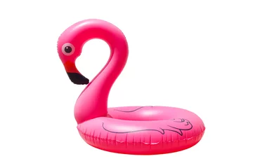 Gardinen inflatable circle or ring for kids pink flamingo for floating in summer vacation isolated on white © Marina Shvedak