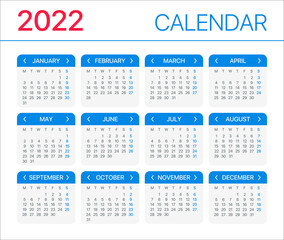 2022 Calendar - vector template graphic illustration - Week starts on Monday