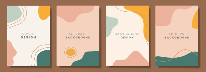A collection of four abstract backgrounds. Hand drawing various shapes and doodle objects. Trendy modern contemporary vector illustration. Every background is isolated. Pastel color