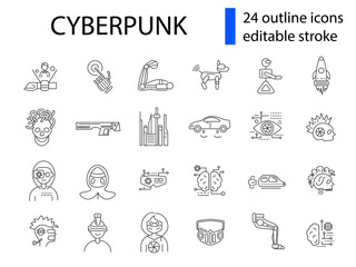 Cyberpunk outline icons set. Future with robot technology. Futuristic world concept