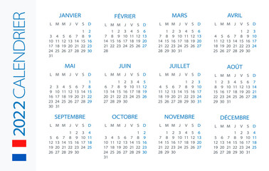 Calendar 2022 Horizontal - illustration. French version. 