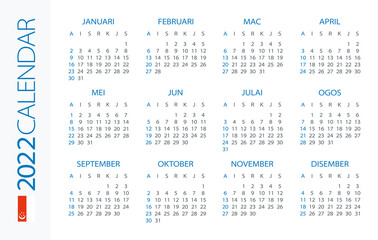 Calendar 2022 Horizontal - illustration. Singaporean version. 