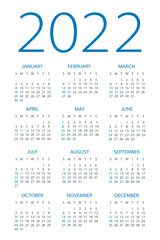 Calendar 2022 - illustration. Week starts on Sunday