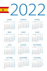 Calendar 2022 - illustration. Spanish version. Week starts on Monday. 