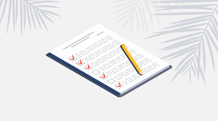 A notepad with questionnaire checklist and pencil on beach table. Vector concept background