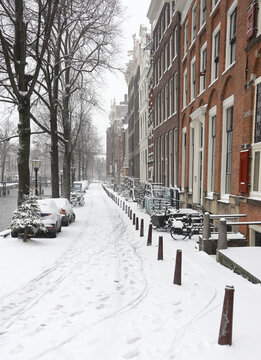 snowy street in Amsterdam