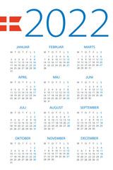 Calendar 2022 - illustration. Danish version. Week starts on Monday. 