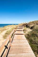 Fototapeta na wymiar Wooden boardwalk along the dune beach, Sylt, Schleswig-Holstein, Germany