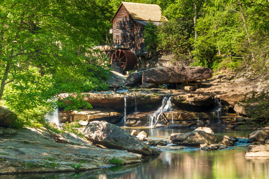 serene landscape photo of  Glade Creek Grist Mill in Babcock State Park in West Virginia.