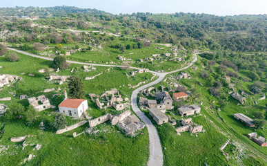 Ruins of old uninhabited village in Cyprus, drone panorama