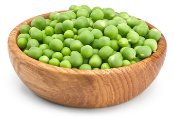 Fresh green peas in wooden bowl isolated on white background. clipping path