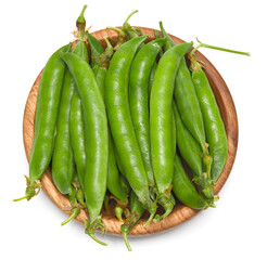 Fresh green pea pods in wooden bowl isolated on white background. clipping path