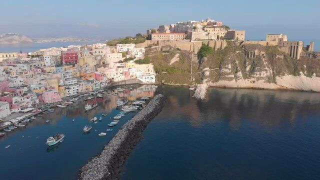 Aerial view of Corricella fisherman village in Procida island near Naples Italy