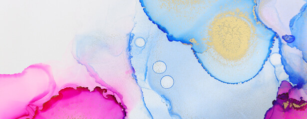 art photography of abstract fluid painting with alcohol ink, blue, pink and gold colors