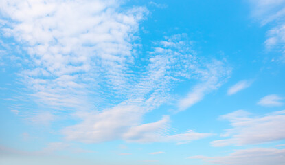 Blue sky and white clouds background - Pillowy clouds cover a blue sky in the background