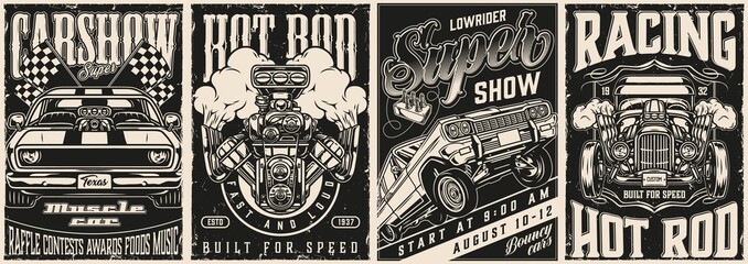 Vintage monochrome custom cars posters