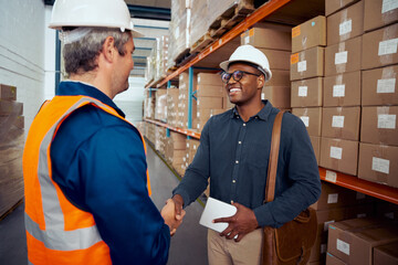 African worker shaking hand with his partner wearing safety helmet holding tablet in hand
