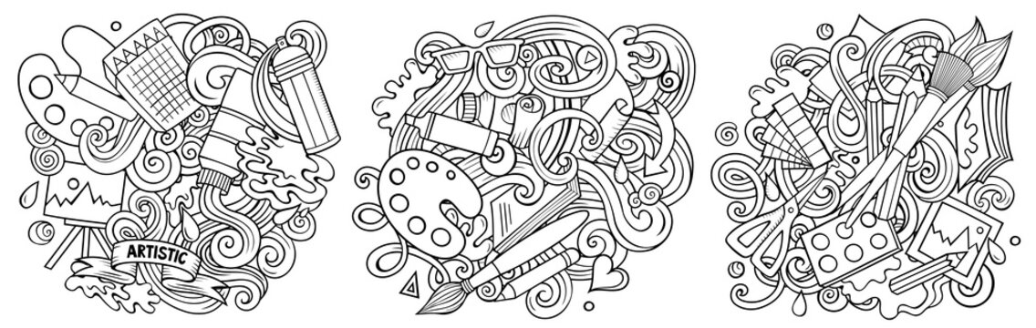 Art cartoon vector doodle designs set.