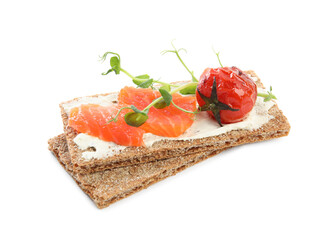 Fresh rye crispbreads with salmon, cream cheese and grilled tomato on white background
