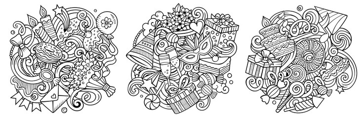 Birthday cartoon vector doodle designs set.