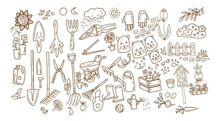 Gardening vegetable garden garden doodle set sketch, vector graphic hand drawn illustration. Print textile vintage clipart many elements separately on a white background harvest hobby growing plants