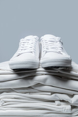 Stack of white clothes and stylish trainers