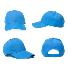 Collage with a blue baseball cap on white background
