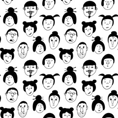 Seamless pattern with people faces. Heads of men and women with emotions. Linear elements. Hand drawn vector illustration. Isolated black objects on a white background