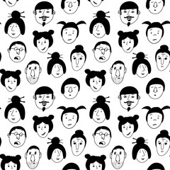 Seamless pattern with people faces. Heads of men and women with emotions. Linear elements. Hand drawn vector illustration. Isolated black objects on a white background
