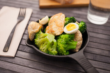 chicken breast with broccoli and quail eggs in small cast iron skillet