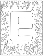 Letter E coloring page. Floral coloring.