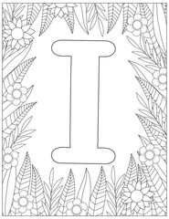 Letter I coloring page. Floral coloring.
