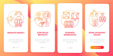 Fototapeta premium Denouncing racism onboarding mobile app page screen. Activism against injustice walkthrough 4 steps graphic instructions with concepts. UI, UX, GUI vector template with linear color illustrations