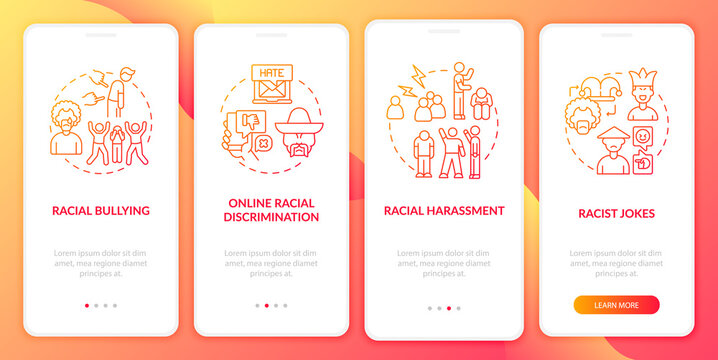 Ethnic Inequality Onboarding Mobile App Page Screen. Racist Jokes, Cyberbullying Walkthrough 4 Steps Graphic Instructions With Concepts. UI, UX, GUI Vector Template With Linear Color Illustrations