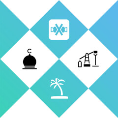 Set Muslim Mosque, Tropical palm tree, No sweets and Oil pump or pump jack icon. Vector
