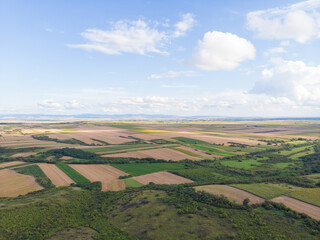Fertile fields and blue sky in Serbia. Aerial photography. 