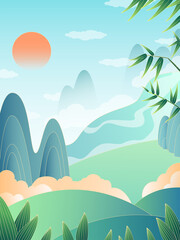 Illustration of Natural Scenery in Spring. Misty mountain tops. Green trees and hills at sunset.