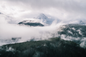 Fototapeta na wymiar Cloudy sky over foggy mountainous terrain with coniferous forest
