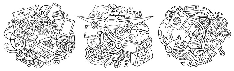 Traveling cartoon vector doodle designs set.