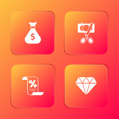 Set Money bag, Scissors cutting money, Finance document and Diamond icon. Vector