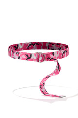 Subject shot of pink canvas belt with D-rings buckle and camo pattern. Stylish mottled belt is isolated on the white background.